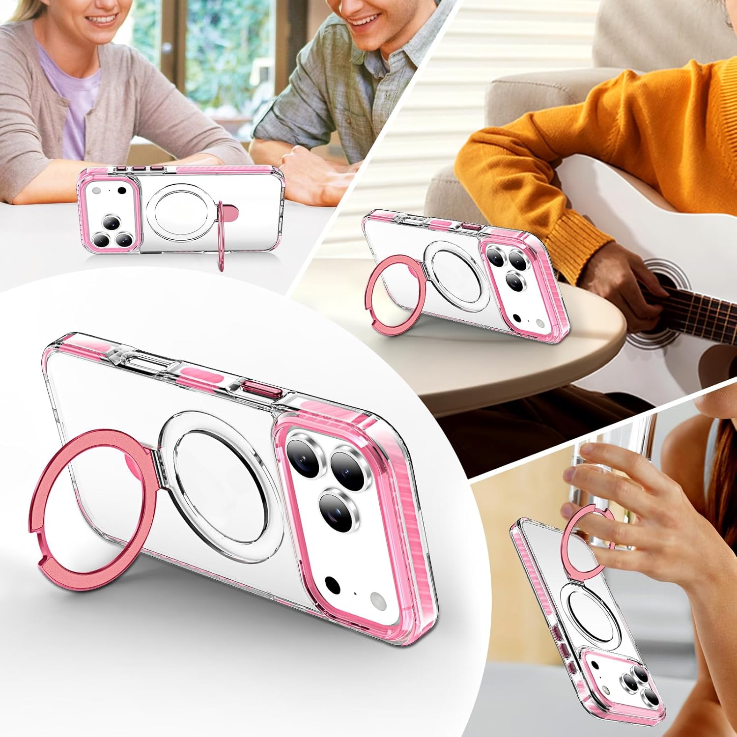 UMIONE for iPhone 17 Pro Clear Magnetic case with Stand and Finger Ring, Compatible with magsafe, Shockproof Transparent Hard Plate, Full Body case, Universal for Boys and Girls 6.3 - Pink - Image 6