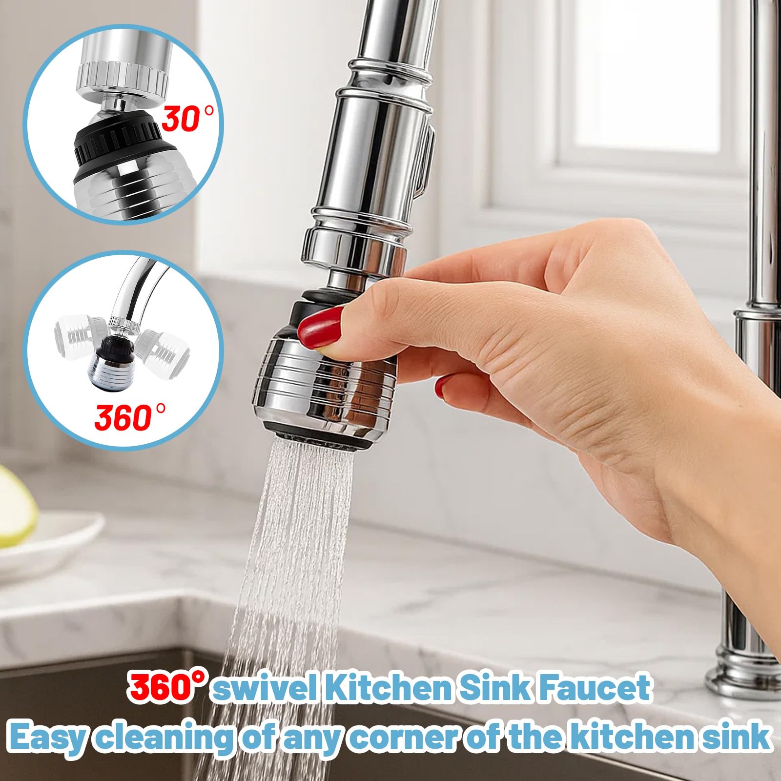 Aeratore per rubinetto, 2 pezzi, rubinetto da cucina, regolatore girevole a 360°, aeratore a risparmio d'acqua con adattatori, per cucina e bagno