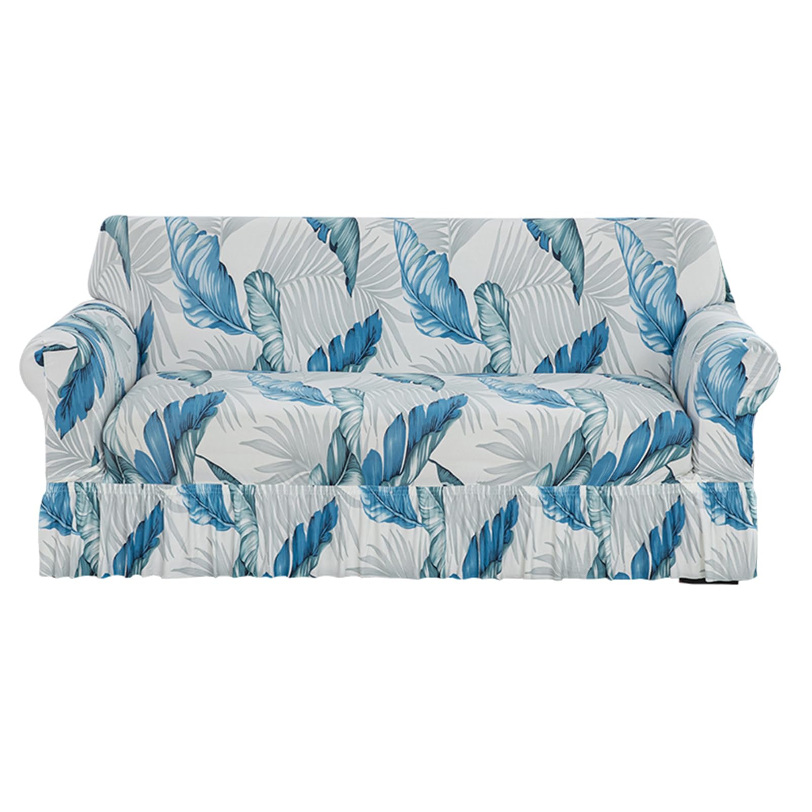 Ausing Blue Sofa Cover with Leaf Prints 2 Seaters High Stretch Couch Slipcover with Flouncing Hem