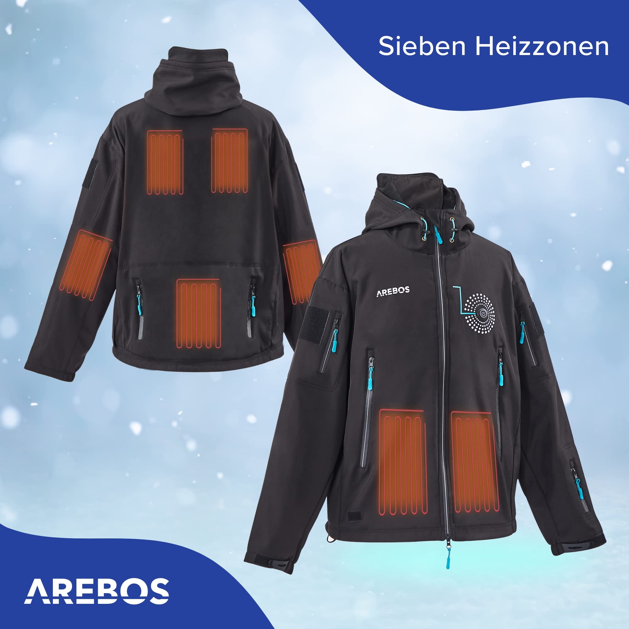 AREBOS Wodoodporna kurtka zimowa | ocieplana kurtka softshell | 7 stref grzewczych w tym power bank 10000 mAh | 3 poziomy ogrzewania | wiatroszczelna | unisex | 2XL
