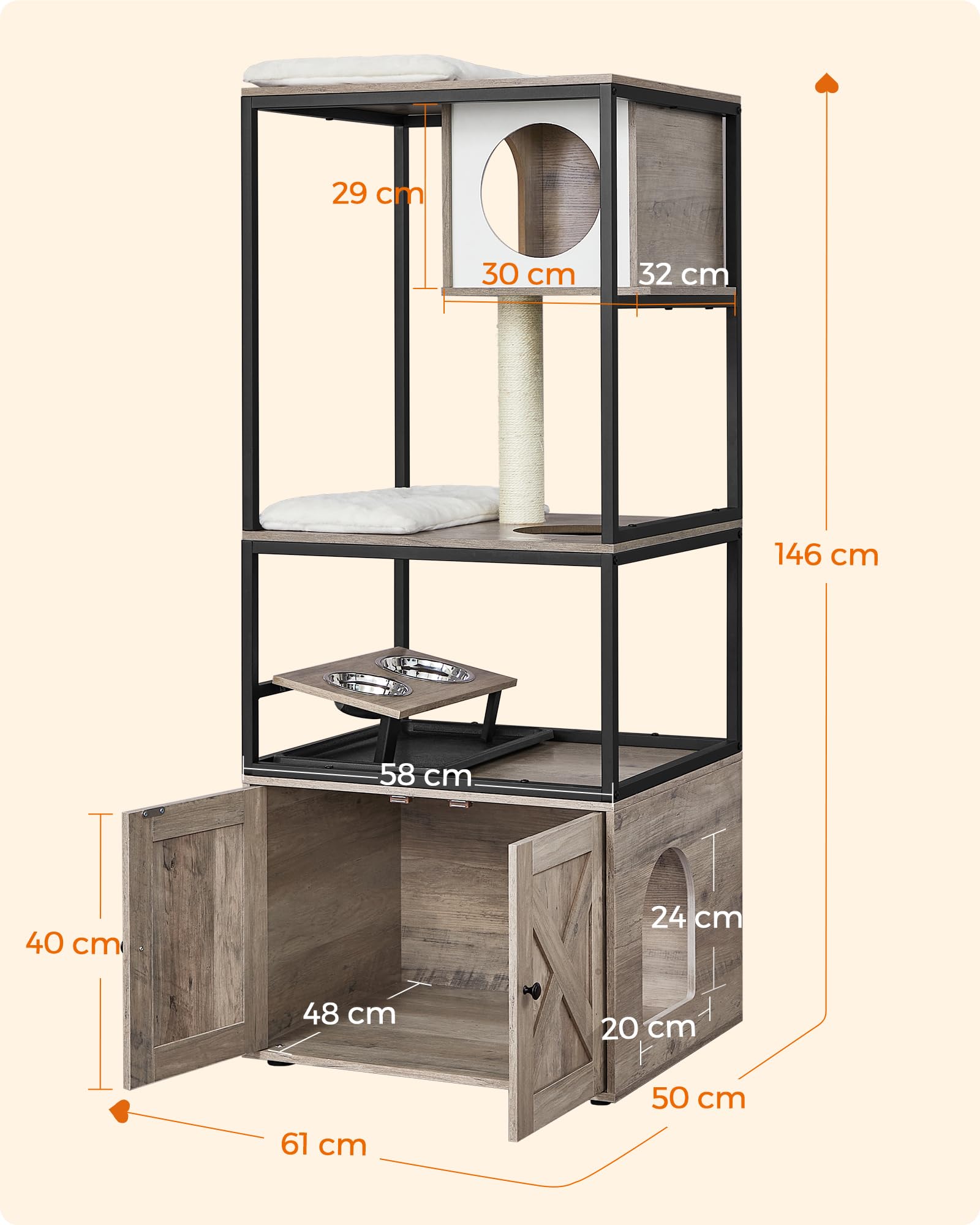 Feandrea Árbol para Gatos, Casa para Gatos con Mueble para Bandeja Higiénica, Soporte para Comedero Elevado, Tronco de Sisal, Cojines Lavables, Beige PCT312G01