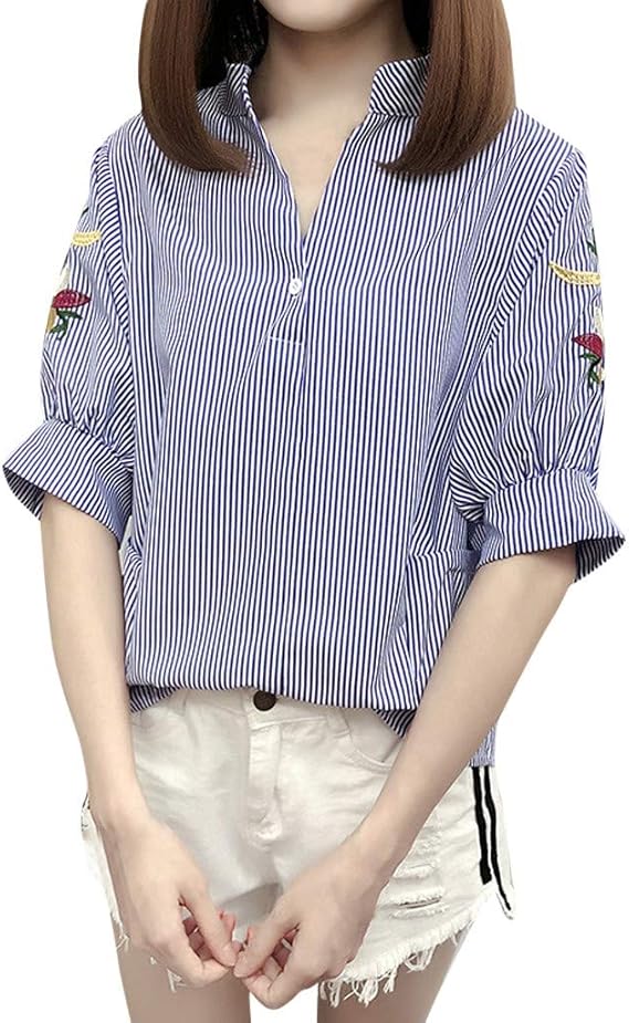 Amazon Liqiuxiang Tシャツ レディース 半袖 ストライプ シャツ おしゃれ 大きいサイズ ブラウス レディース 服 トップス 夏 ゆったり 上着 薄手 速乾 カジュアル カットソー 5分袖 Vネック シンプル 夏服 通勤 普段着 春夏秋 アンサンブル 通販