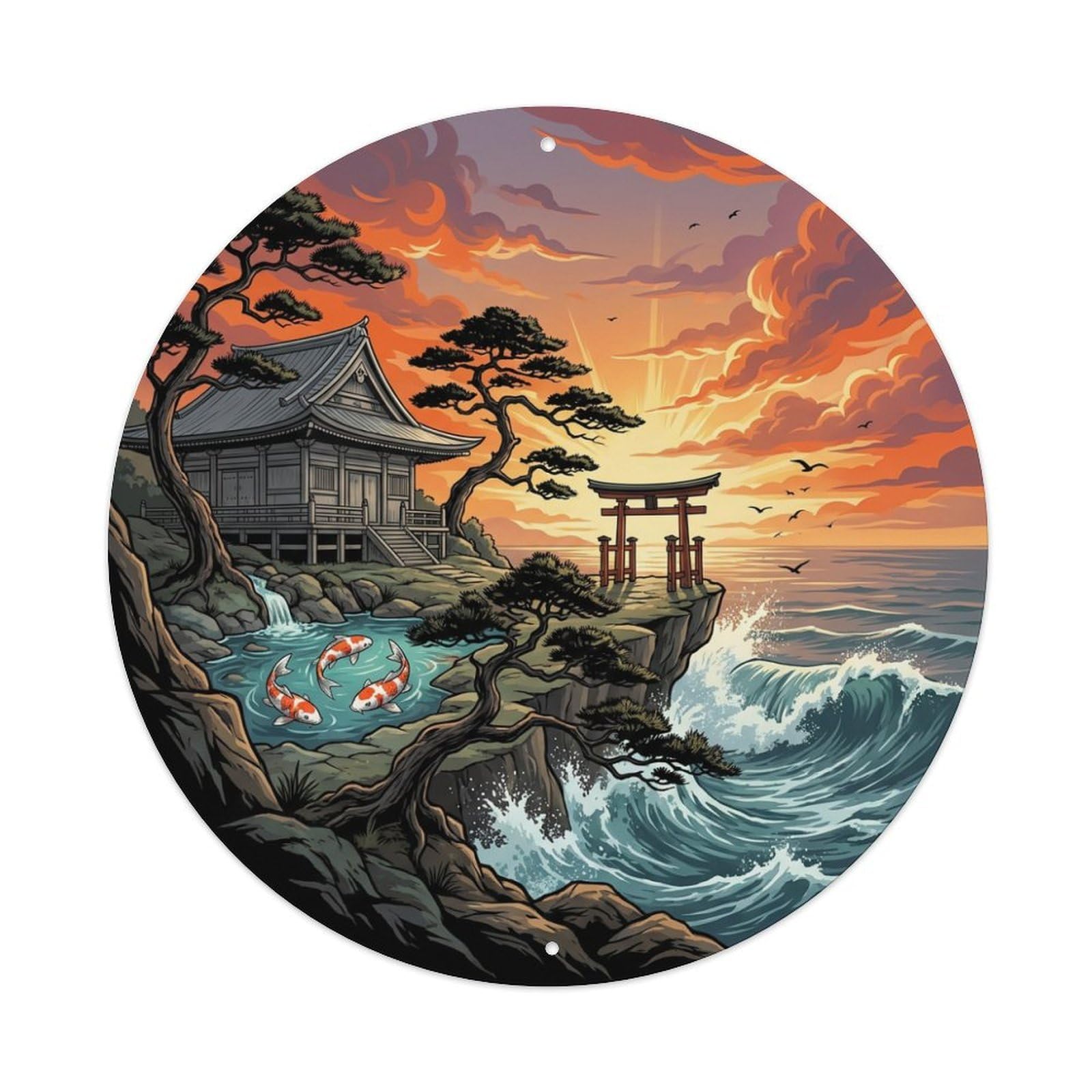Tgrcjimh Style Metal Tin Sign Japanese Koi Fish Cliff Temple Ocean Dramatic