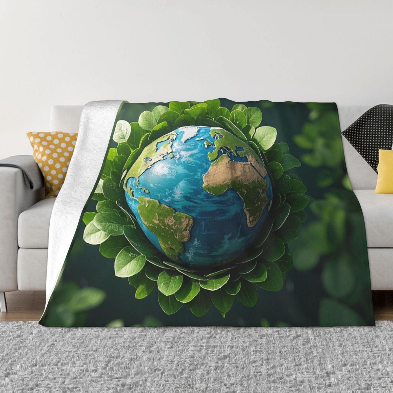 FodPand Earth and Green Leaves Fleece Blanket 50"x40" Lightweight Warm Throw Blanket for Bed Couch Cozy Air Conditioning Quilt All Seasons Decorative Fuzzy Blankets Gifts for Women Men
