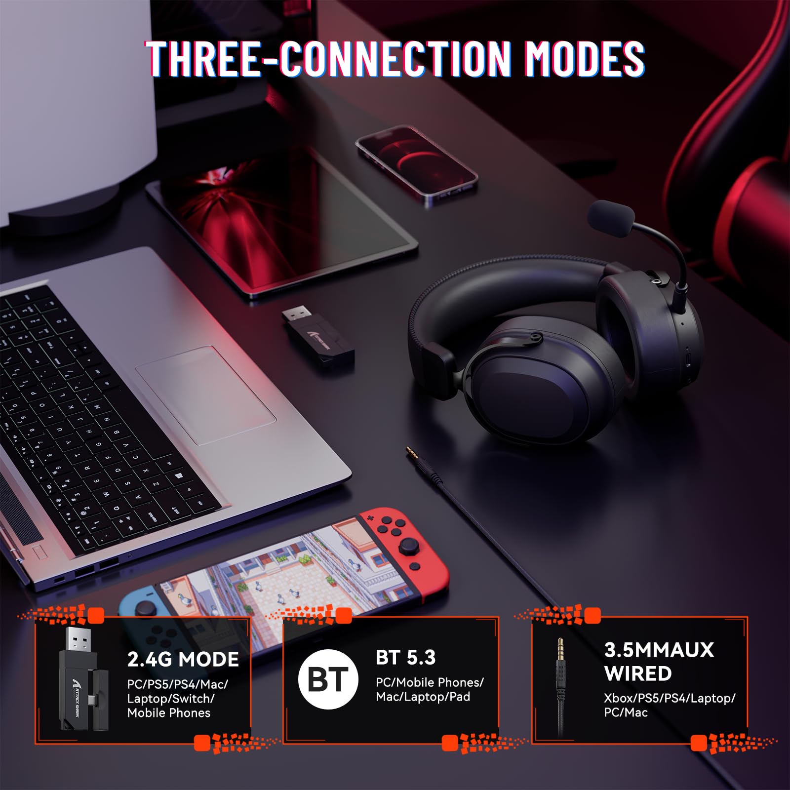 ATTACK SHARK L30PRO Casque Gamer sans Fil, Surround 7.1, Pilotes 50mm, Tri-Mode 2.4G/BT 5.3/Filaire, Micro Amovible ENC pour PC/PS5/Xbox/Switch, Batterie 85H - Noir Rouge