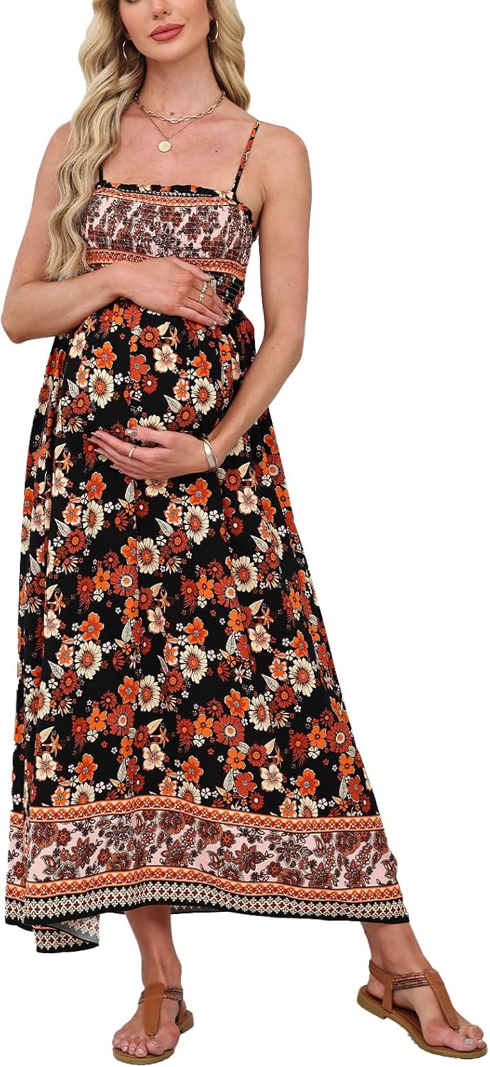 CUPSHE Maternity Maxi Dresses Floral Square Neck Smocked Baby Shower Ruffled Flowy Fashion Casual Summer Pregnancy Dress