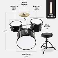 Vista 2 de Best Choice Products Juego de batería para principiantes de 3 piezas para niños y jóvenes, con taburete de trono, platillo, baquetas, pedal de Negro