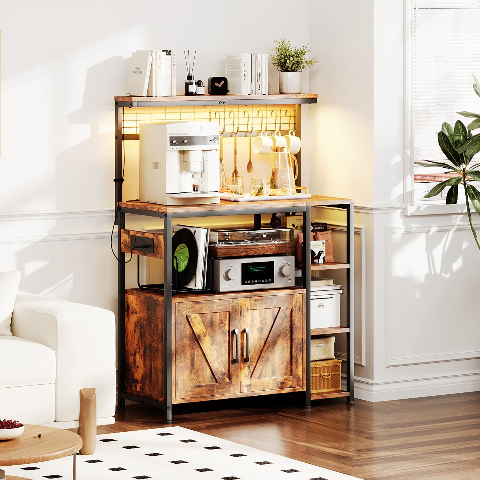 MUTUN Bakers Rack with Power Outlet, 6-Tier Kitchen Storage Rack with 6 S-Hooks, Microwave Stand Coffee Bar for Kitchen Dining Room, 51.2×35.4×15.6 Inches, Rustic Brown