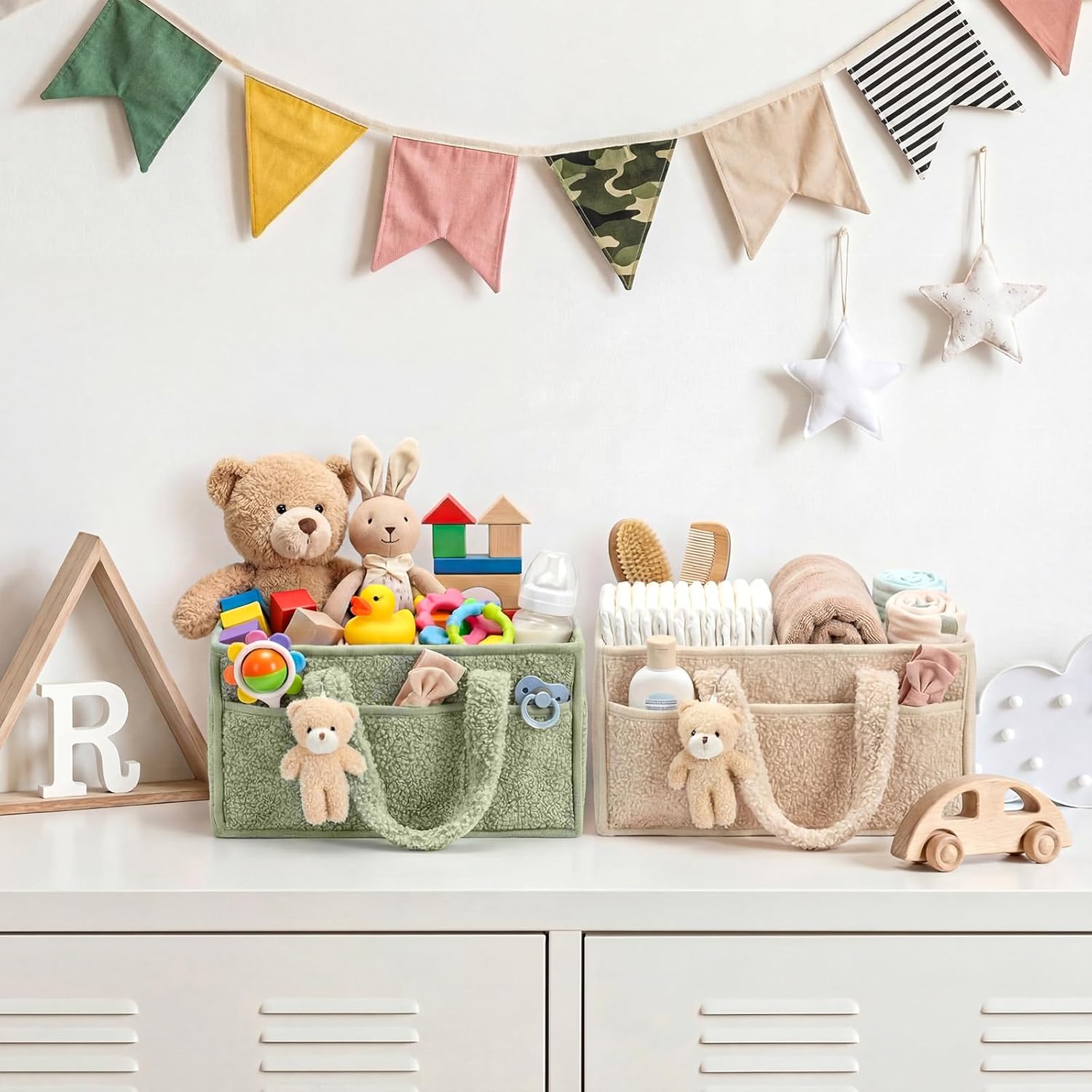 2 Pack Diaper Caddy Organizer Baby Caddy Organizer with Handle Nursery Storage Bin and Car Storage Basket for Diapers, Wipes, Newborn Necessities Baby Shower Gifts(Lily Green and Ivory)