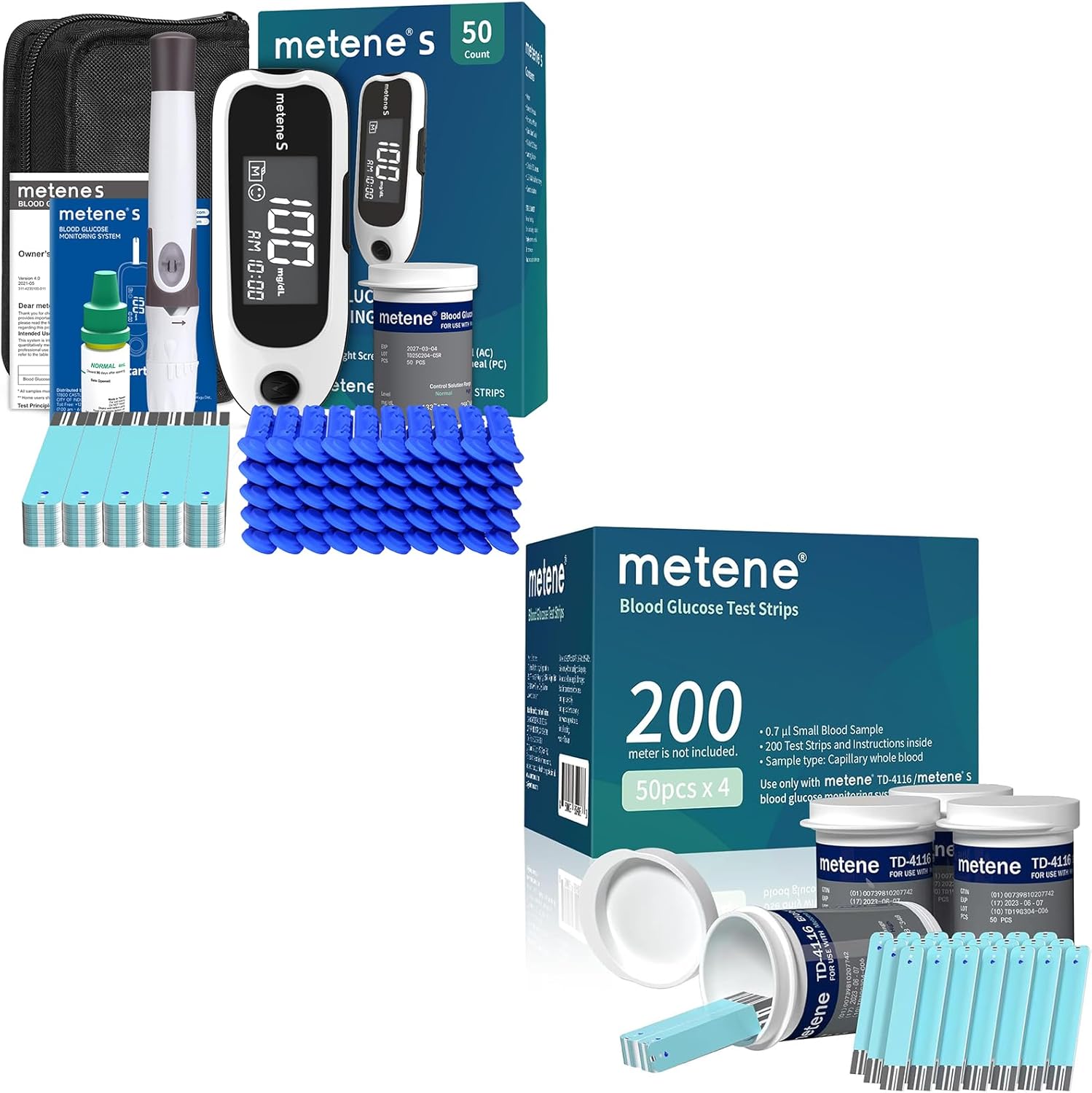 Metene S Blood Glucose Monitor Kit & Metene Blood Glucose Test Strips 200 Count