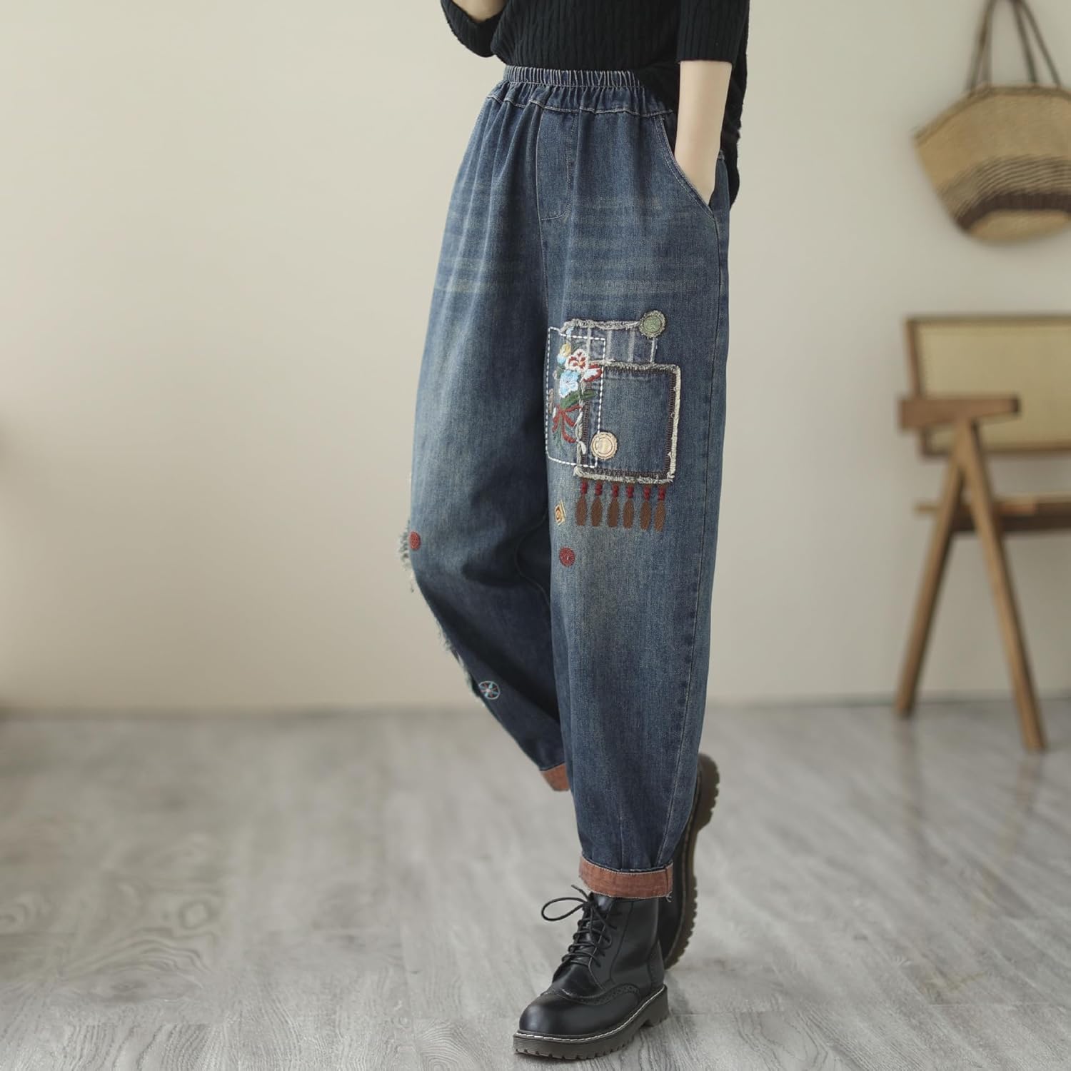 Women Retro Embroidered Loose Jeans Casual Ripped Jeans Harem Pants