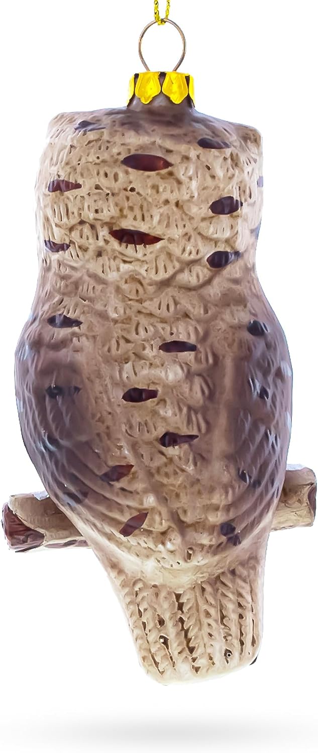 Wise Owl Perched on Branch Blown Glass Christmas Ornament - Image 3
