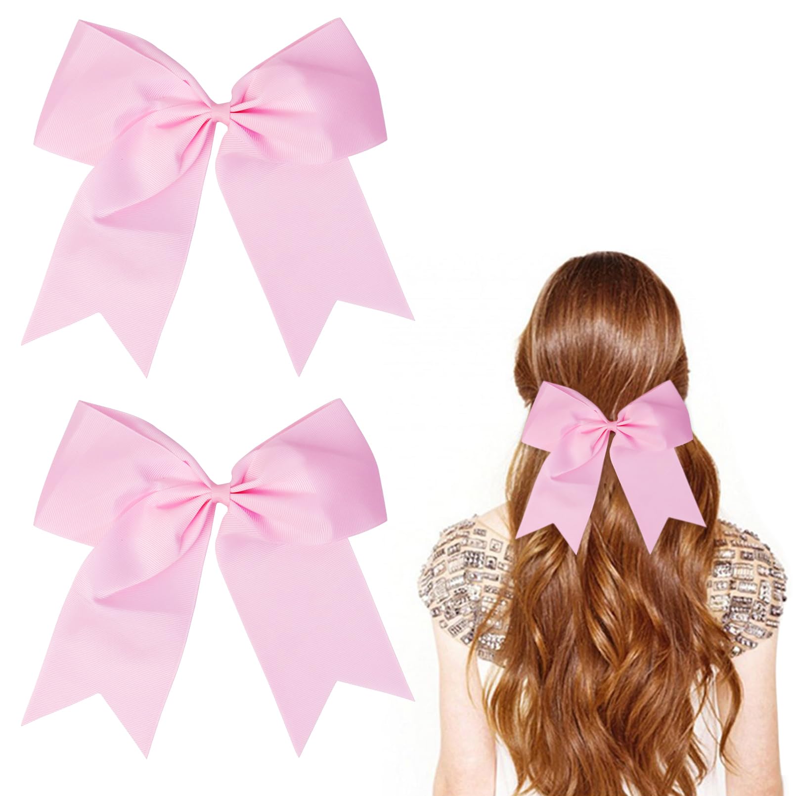 2 Pack Large Hair Bow Clips 8 Inches Cheer Bows for Women Girls, Pink Bows for Hair Jumbo Bow Clip with Tails