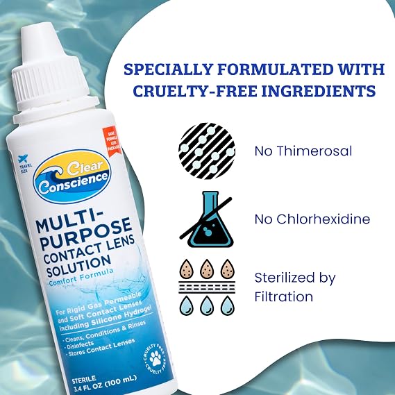 Cruelty-Free Travel Size Contact Lens Solution 3 Fl oz - Multipurpose Mild Cleaner & Conditioner for Eye Contact Lens Care by Clear Conscience