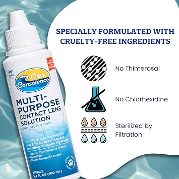 Cruelty-Free Travel Size Contact Lens Solution 3 Fl oz - Multipurpose Mild Cleaner & Conditioner for Eye Contact Lens Care by Clear Conscience