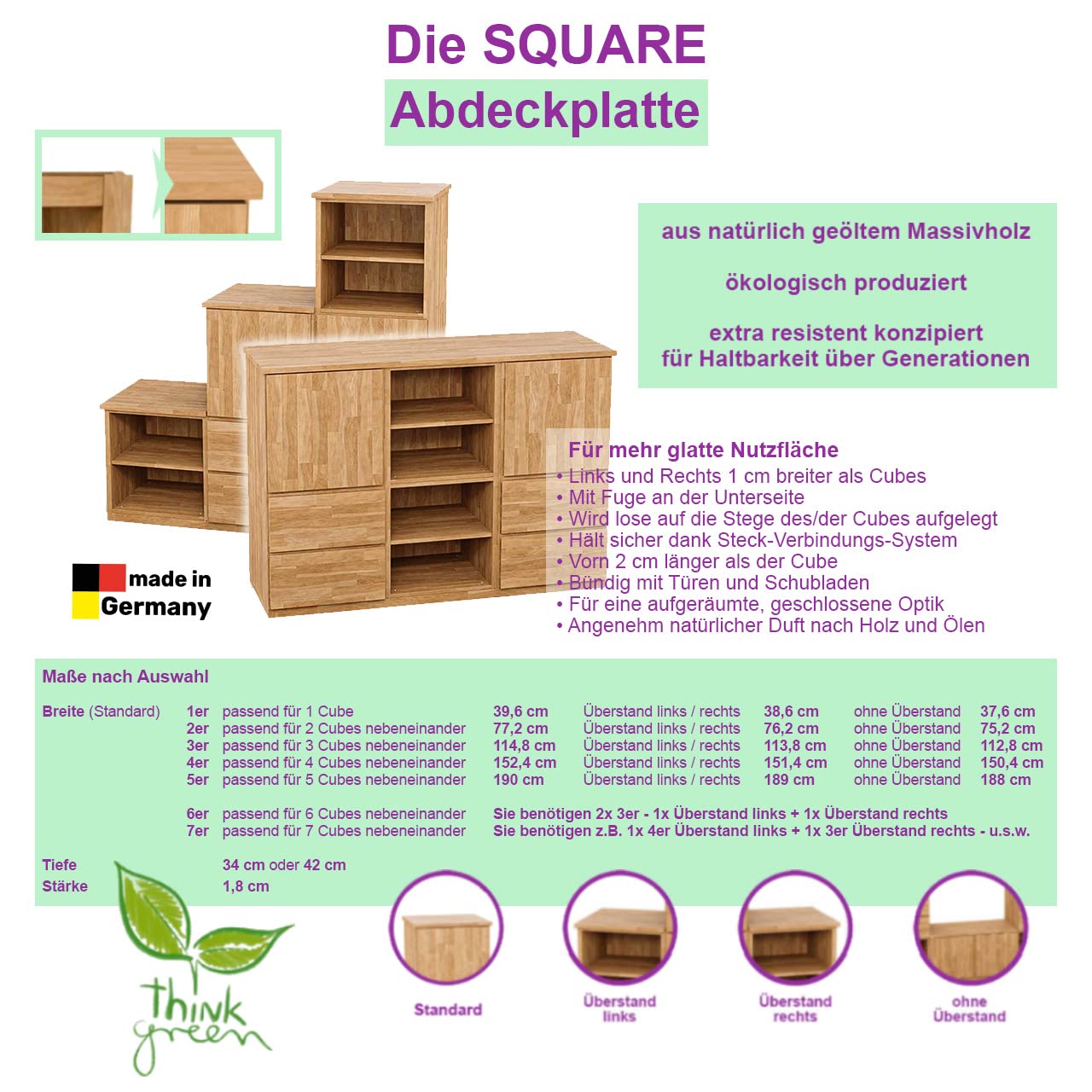 Square Massivholz 3er Abdeckplatte | für 3X Cube 40 cm in Eiche - Anschlag Links + Rechts | Zubehör für individuelles Flexibles Würfelregal | Erweiterungen für Regalsystem