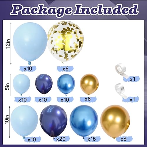 Vista 2 de Kit de arco de globos azules, 107 piezas de globos azul marino y dorado con globos de confeti dorado metálico, globos de fiesta de cumpleaños azul