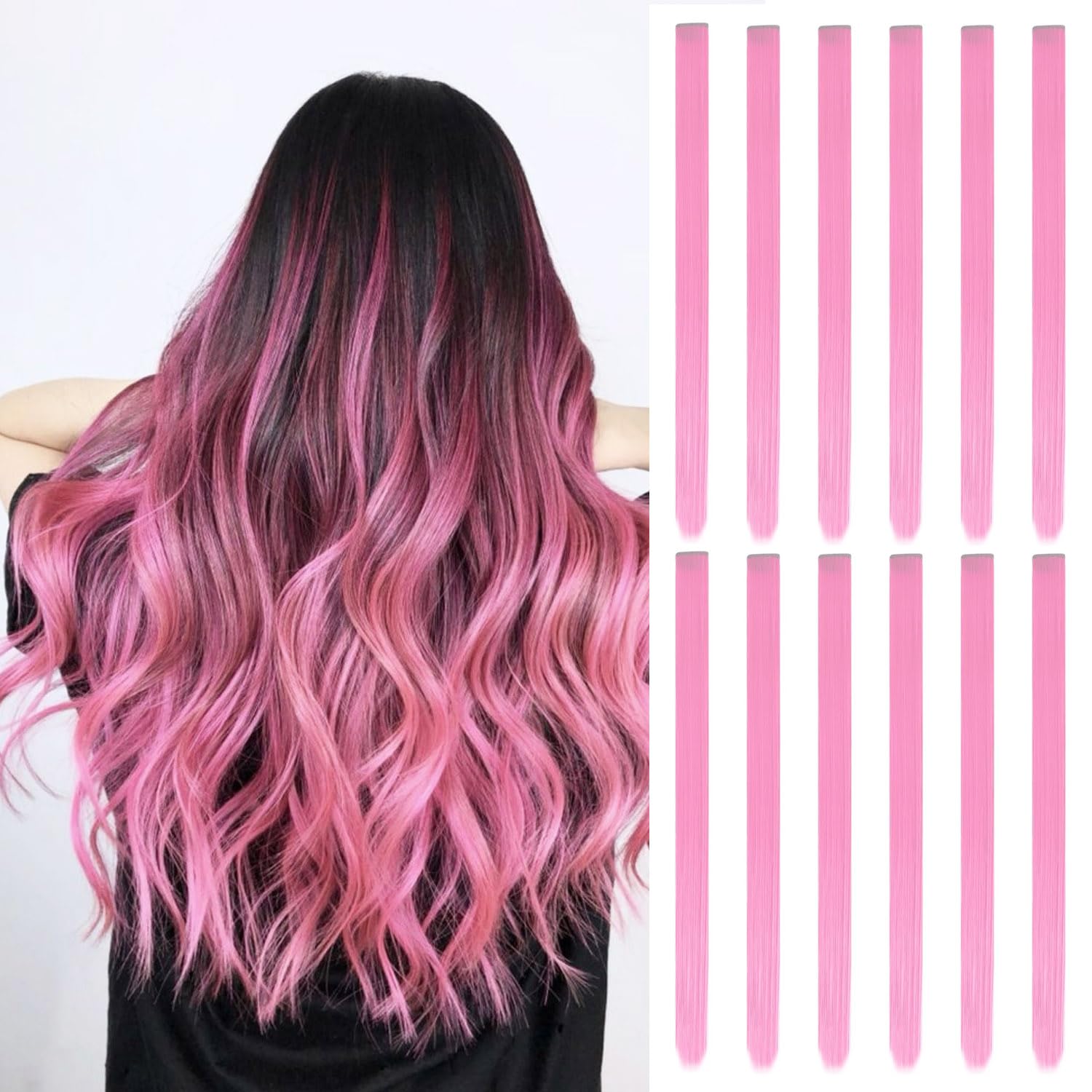 12 Pcs Colored Hair Extensions,22 inch Rainbow Long Straight Clip in Hairpieces Rainbow Highlights Hair Extensions Colorful Party Straight Synthetic