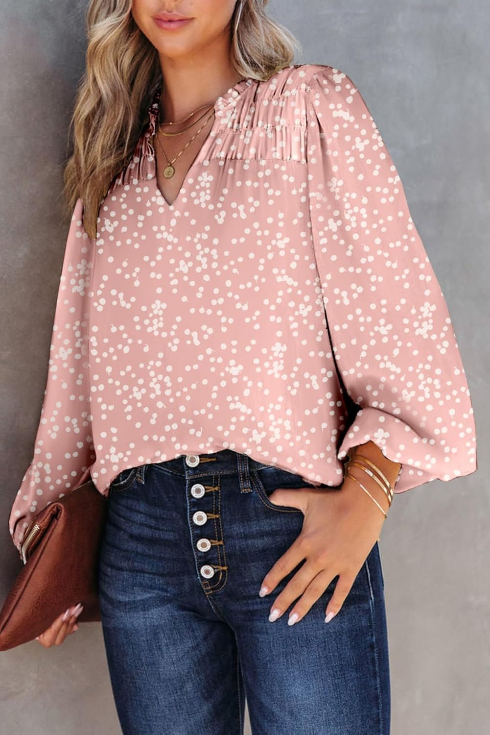 Womens Tunic Tops Boho V Neck Long Sleeve Pleated Floral Print Blouse Spring Fashion Casual Loose Plus Size Tops - Image 3