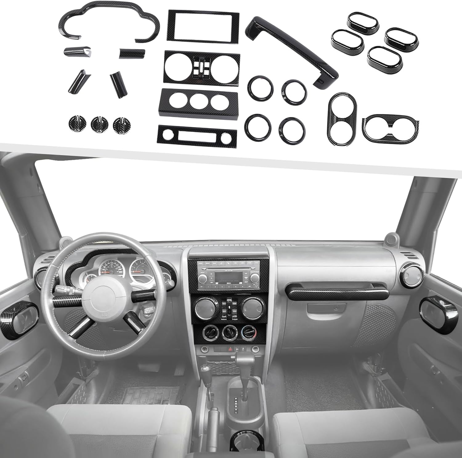 Jimen Fit for Jeep Wrangler JKU 4 Door 2007-2010, 22PCS Carbon Fiber Interior Kits - Dashboard Cover, AC Vent Ring, Window Button Switch Panel, Inner Door Handle Cover, Cup Holder Frame