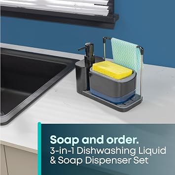 Fineway 3-in-1 Automatic Refillable Soap Dispenser Set with Sponge Holder, Black Sink Caddy Organiser for Kitchen & Bathroom (Black)