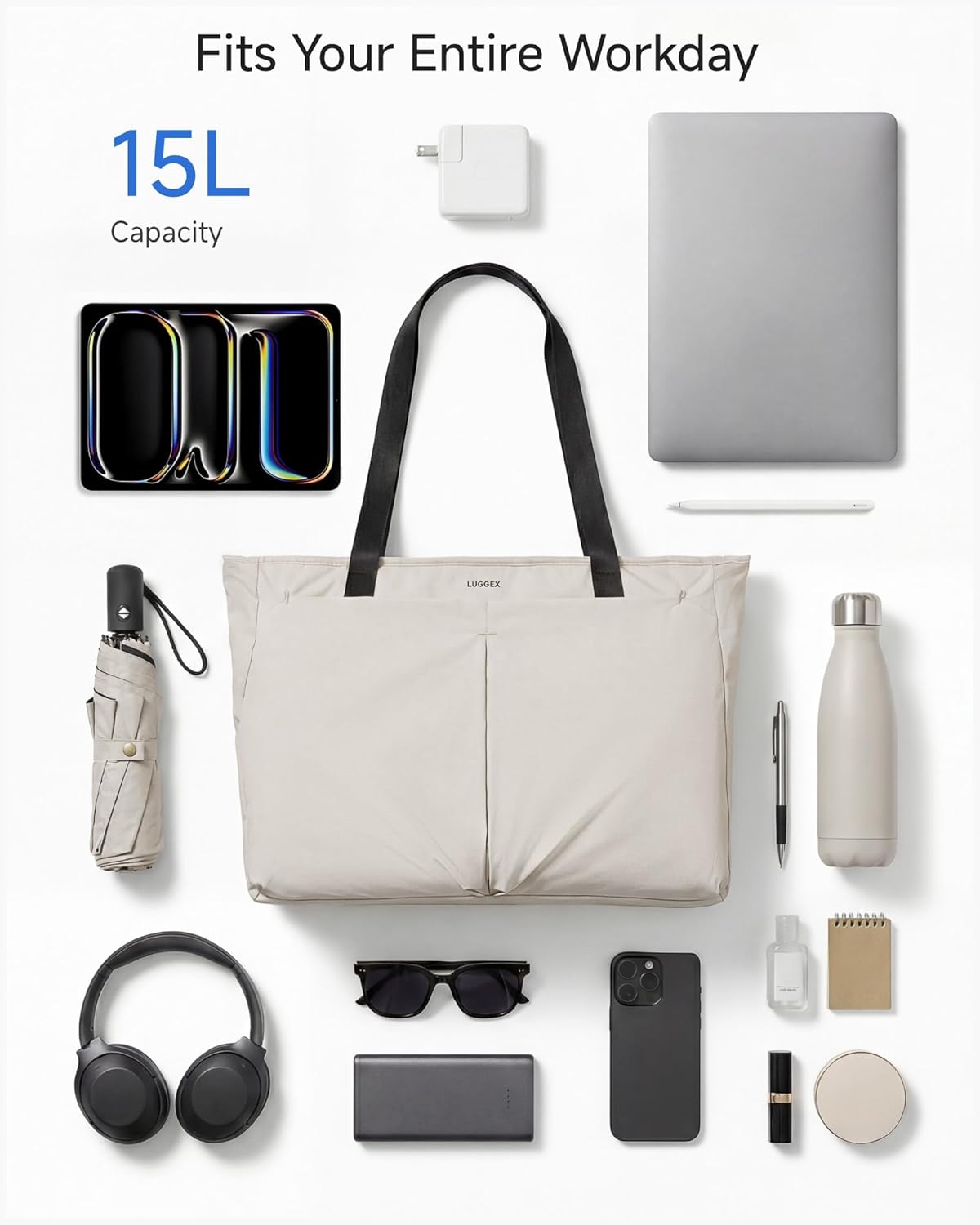 LUGGEX Laptop Tote Bag for Women, LTX04 13-15.6 Inch Nylon Water-resistant Work Tote with Device Compartment, Bottle Holder, Travel Tote Computer Shoulder Bag with Luggage Straps (LTX-Pro, Beige,15L)
