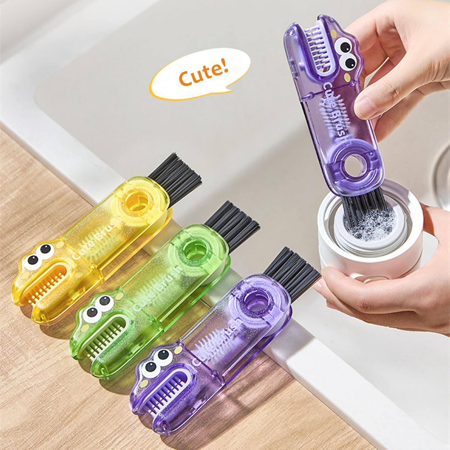 3 in 1 Cup Lid Cleaning Brush,Multifunctional Crevice Portable Cup Lid Bottle Brushes 3Pcs for Bottle Gap Tight Spaces Cup Cute Small Portable Outdoor (Crocodile) image 3