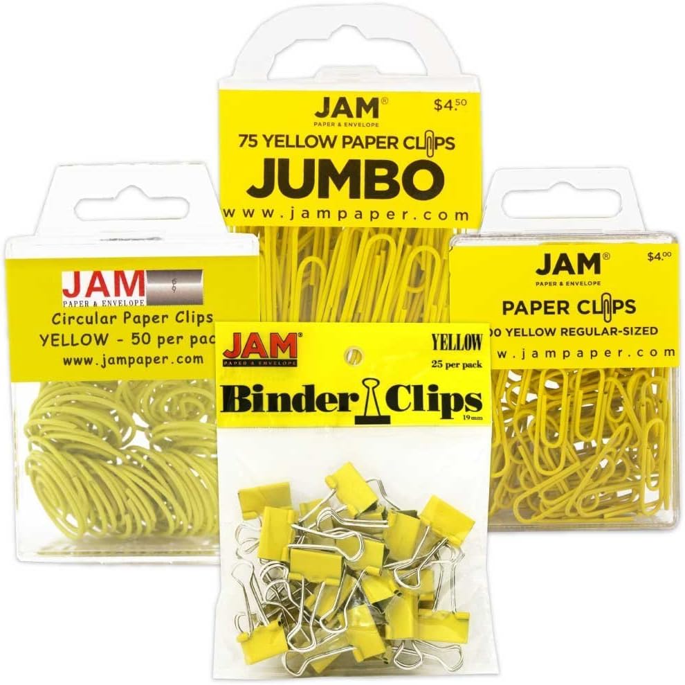 JAM PAPER Office Clip Assortment - Yellow - (1) Binder Clips (1) Round Paper Cloops and (2) Paper Clips (Regular & Jumbo) - 4/Pack
