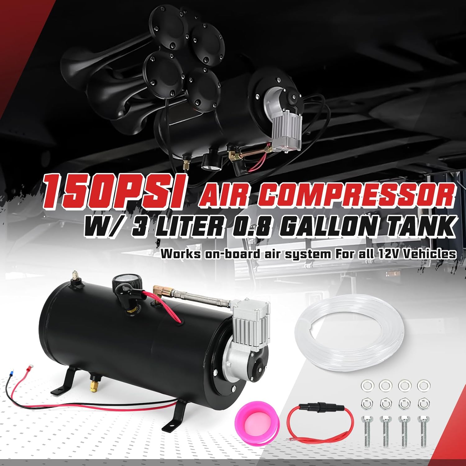 PTNHZ DC 12V MAX 150PSI Air Compressor Tank Pump w/3 Liter 0.8 Gallon Tank For Train Truck Boat Pickup Motorhome Portable Air Compressor Pump - Image 2