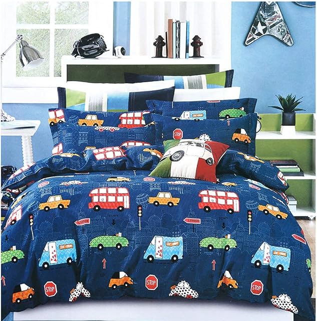Omela Boys Blue Bedding Set Single Duvet Cover Set Kids Cars Buses Bedding Quilt Cover Pillow Case