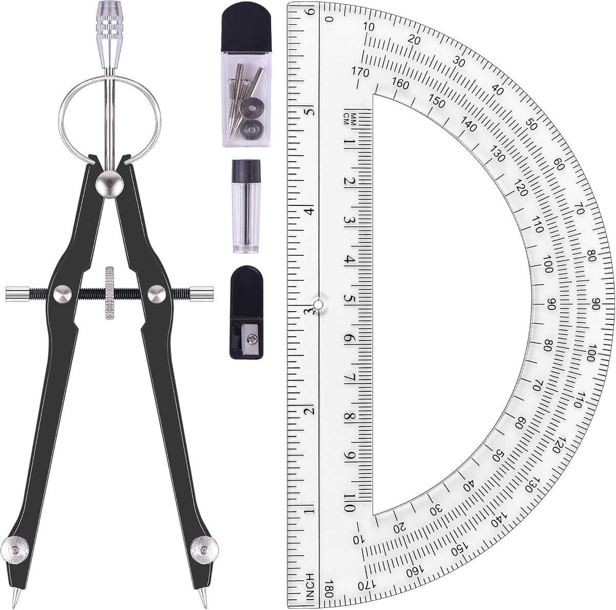 Unjoo Juego de brújula y transportador, brújula matemática para geometría (negro) | Herramienta de brújula de dibujo profesional, brújula de Metal con recargas adicionales, transportadores matemáticos de 6 pulgadas de 180 grados, para escuela y oficina