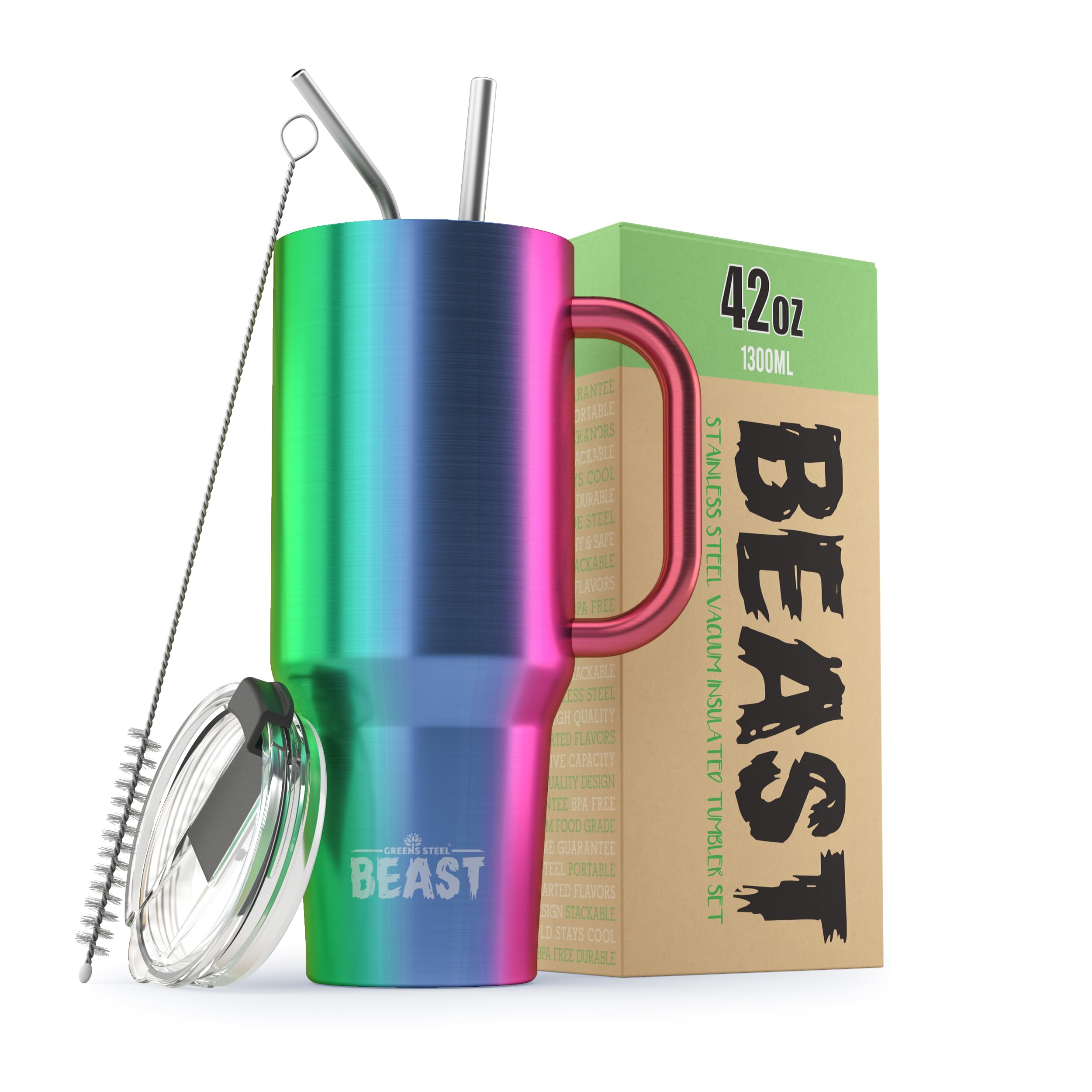 Greens Steel Beast Tumbler – 550 ml (20 oz), Coral | Vaso de acero inoxidable reutilizable con aislamiento al vacío | con 2 pajitas y cepillo de limpieza | Termo de viaje de doble pared — view 49