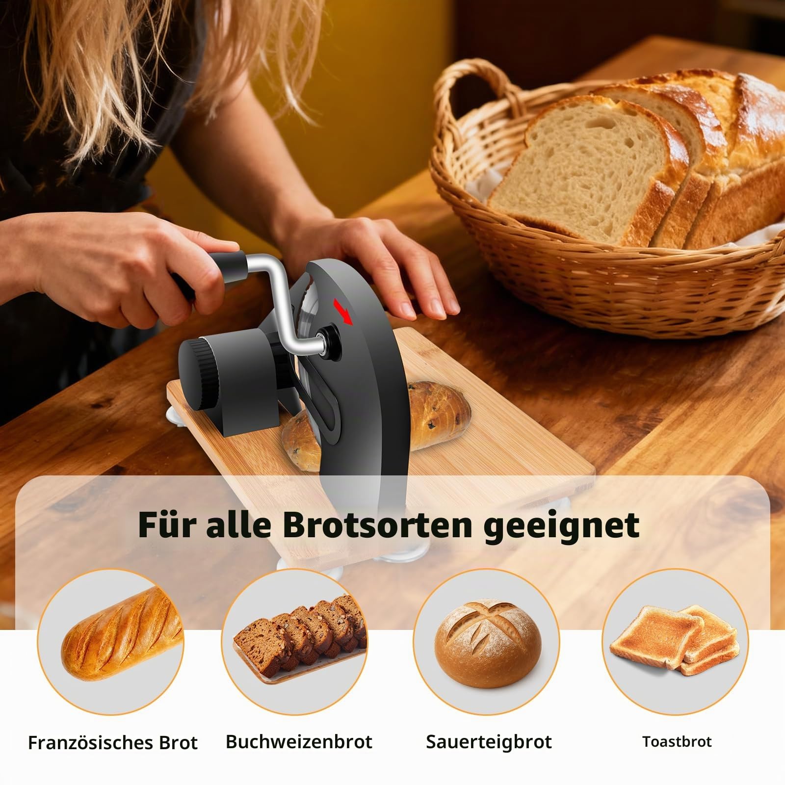 Brotschneidemaschine manuell, Edelstahl 304 Allesschneider Mit Skala & Saugnäpfen, Einstellbare Dicke Gleichmäßige Scheiben, scharfe Klinge, Schnittstärke 0-20 mm für Käse,Brot und Gemüse