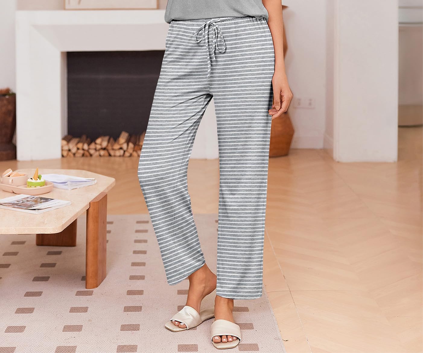 Ekouaer Pajama Sets for Women Round Neck Pjs Short Sleeve Sleepwear with Long Pants Loose Lounge Sets - Image 5