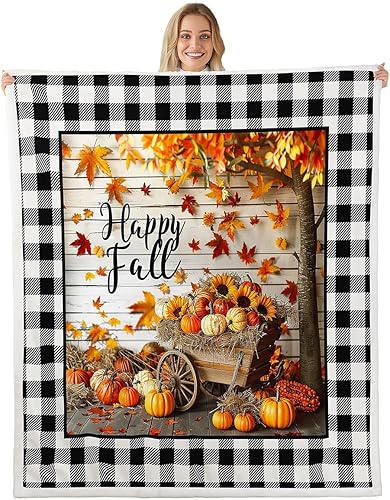 Manfei Manta con temática de cosecha de otoño para sofá, calabaza, girasol, arce, manta de cama para niños y niñas, manta de forro polar suave y