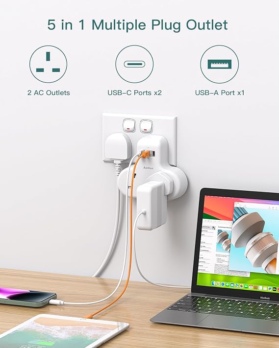Addtam Double Plug Extension with 3 USB (2 USB-C), 2 Way Multi Plug Adaptor