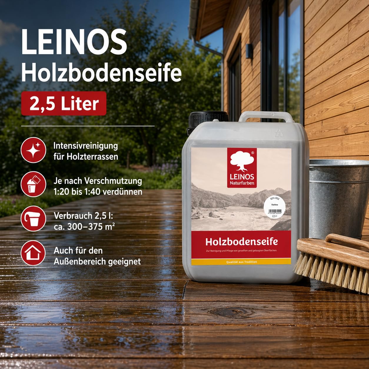 LEINOS Holzbodenseife 924 farblos 2,5 Liter– Erstbehandlung & Unterhaltsreinigung für gelaugte/geseifte Weichholzböden | rückfettend, hochkonzentriert | für Innenflächen
