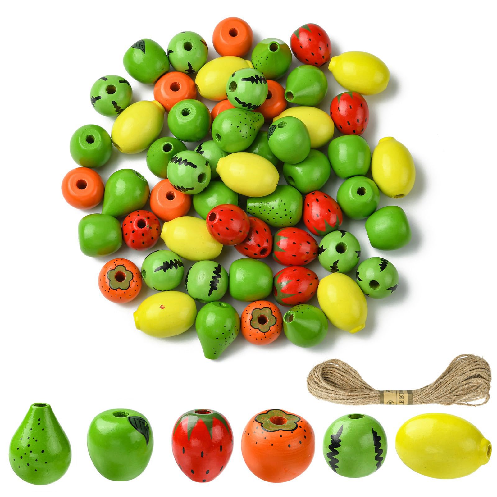 UR URLIFEHALL 60 Pcs 6 Styles Fruit Wood Beads 3D Apple Strawberry Lemon Spacer Beads for Crafts Necklace Bracelet Jewellery Making Home Decor — image 1