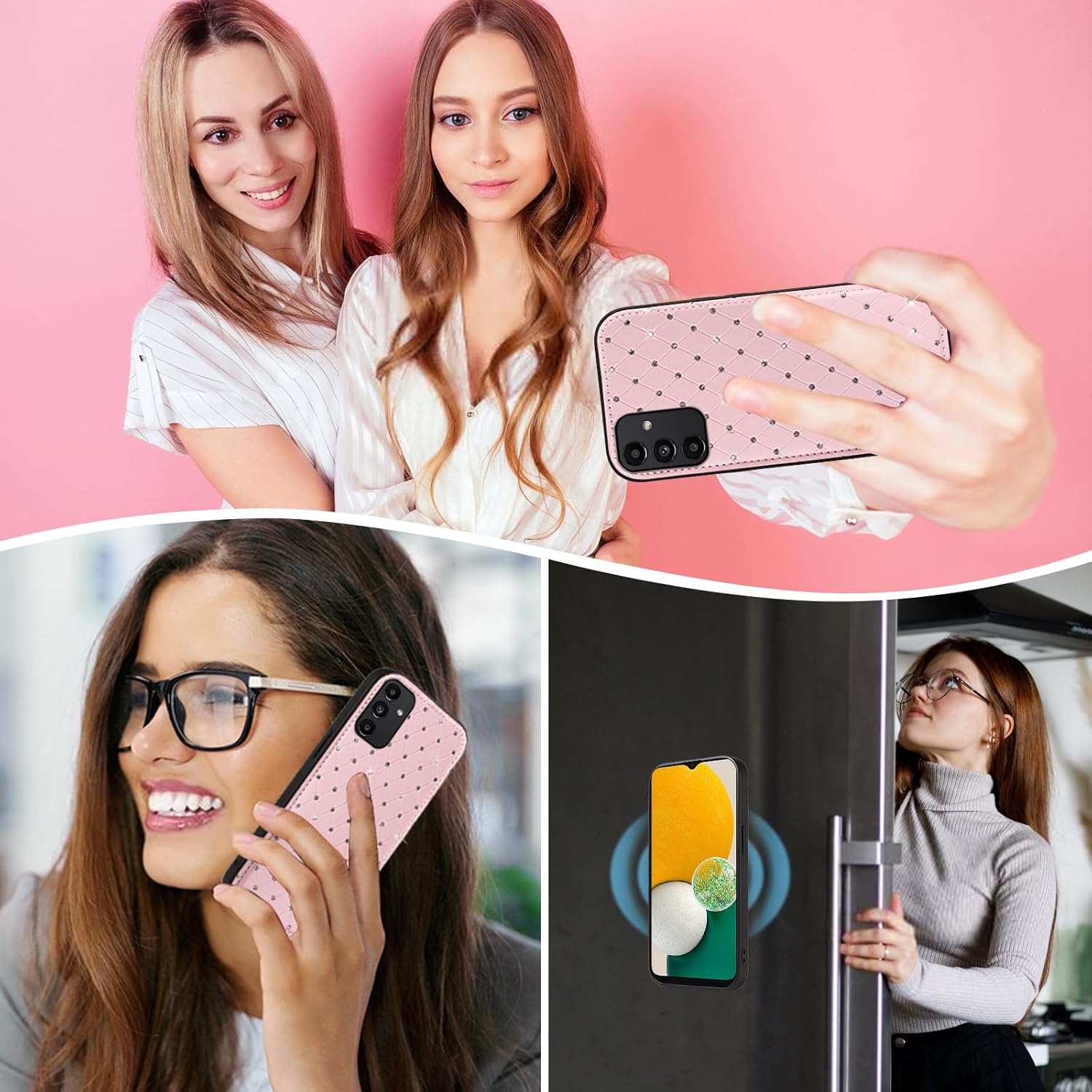 Asuwish Phone Case for Samsung Galaxy A13 5G Zipper Wallet Detachable Cell Cover with Screen Protector Crossbody Strap Bling Flip Credit Card Holder A04S M13 G5 A 13 2022 13A A135G SM A136U Women Pink
