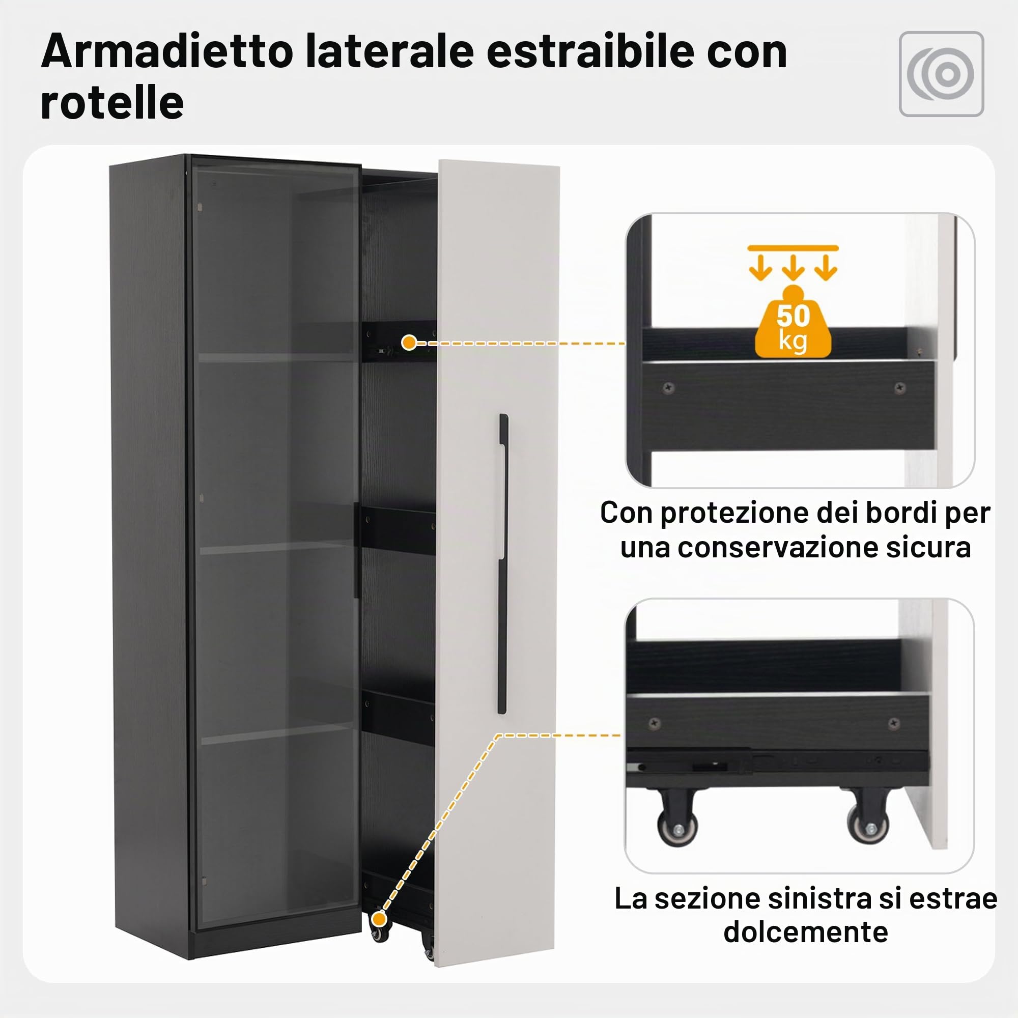 Merax Vetrina 70 × 40 × 160 cm, libreria con porta in vetro temperato, telaio in alluminio, estrattore laterale e cassetto, con ruote e illuminazione a LED, per soggiorno e sala da pranzo