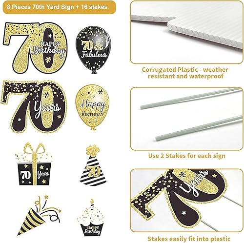 Miniatura 10 de Juego de 8 letreros de feliz cumpleaños 90 para patio, decoraciones de cumpleaños de 90 años negro y dorado para hombres, carteles de césped de 90