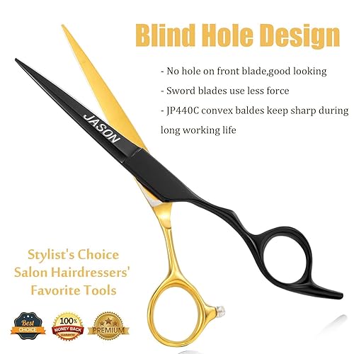 Miniatura 4 de JASON Juego de tijeras para el cabello de 6 pulgadas, tijeras de peluquería de oro negro + tijeras de textura plateada para mujeres y hombres