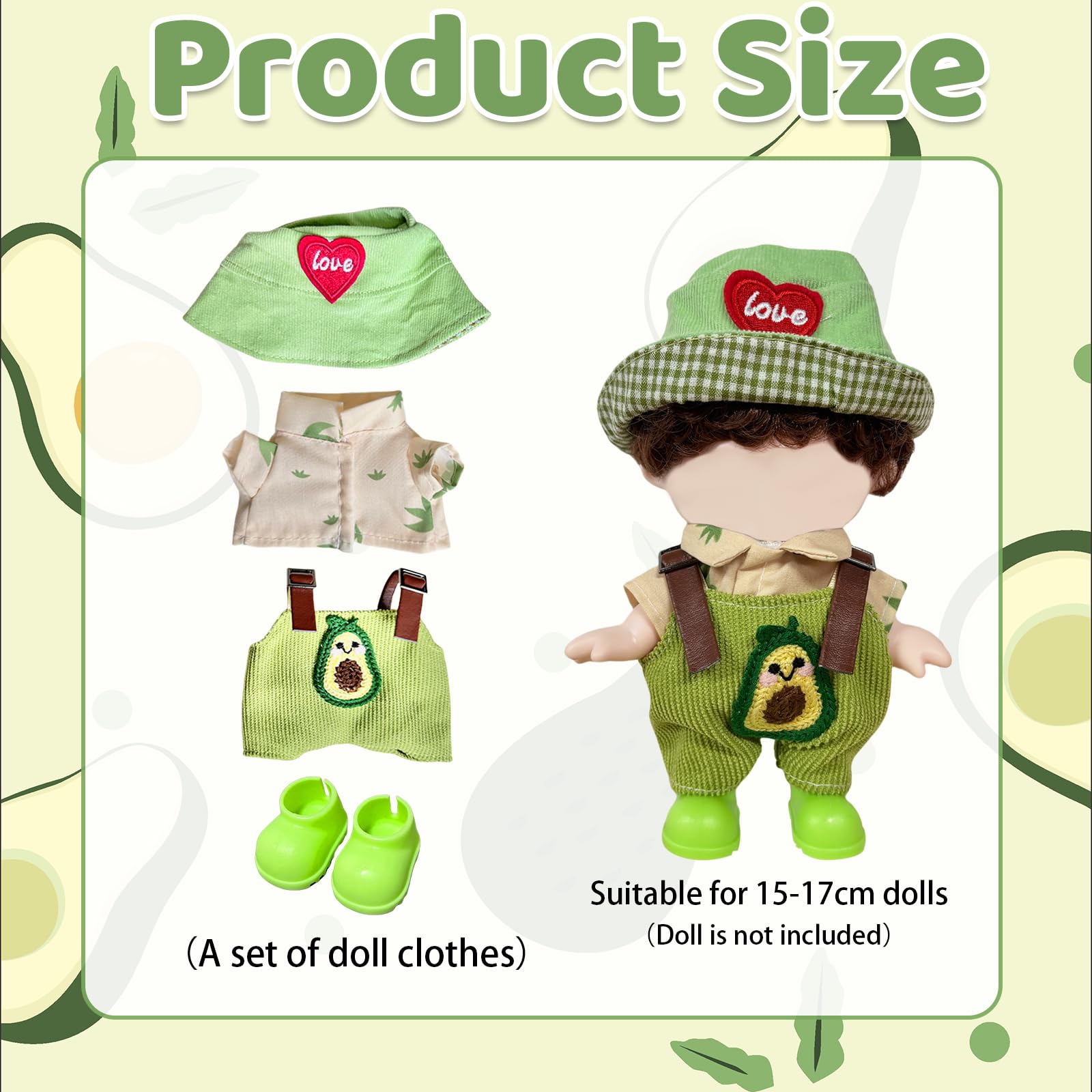 Mrltau 3 PCS Cute Avocado Style Doll Clothes Set for 15/17 cm Vinyl Plush Doll, Corduroy Overalls, Leaf Print Shirt - Image 2