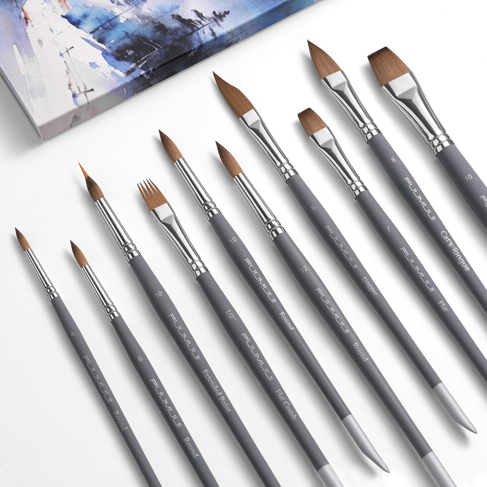 Fuumuui 10Pcs Sable Watercolor Brushes Set – Rubber-Coated Birch Grip, Flat Round Dagger Cat Tongue Comb & Needle Tips, Pointed Tail for Highlight Scraping, Professional Artist Grade