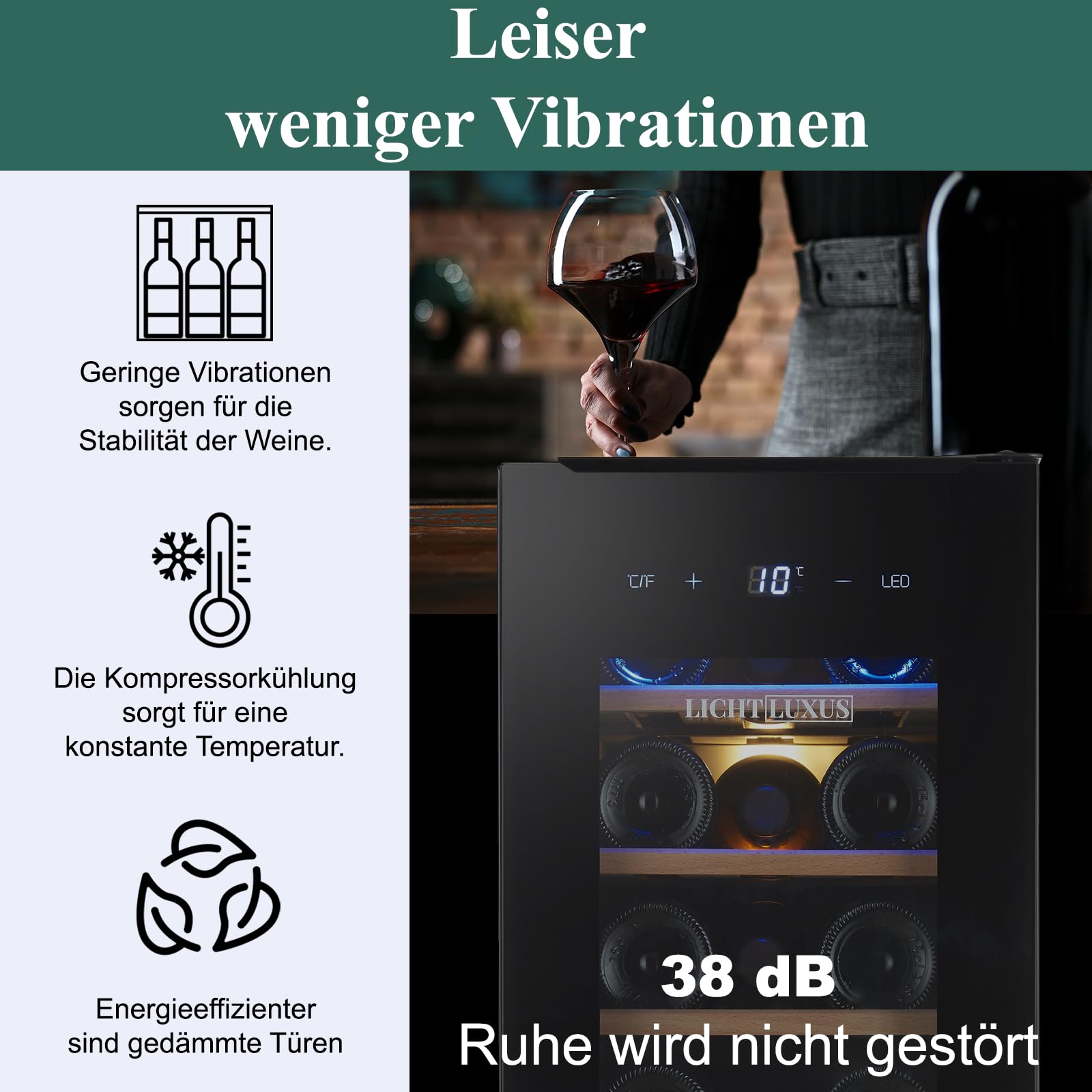 Weinkühlschrank 30cm Breit Unterbaufähig 20 Flaschen 1 Zone UV-Glastür Holzablagen Leise 37 dB