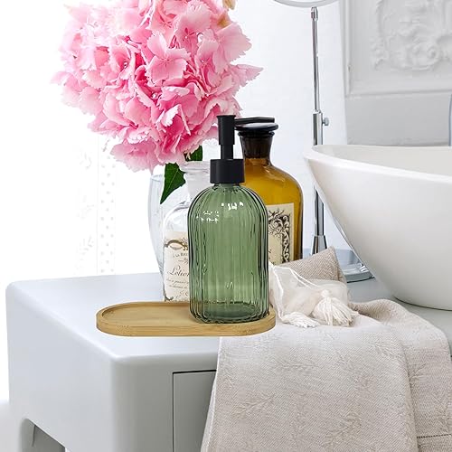 Miniatura 3 de Juego de 2 dispensadores de jabón de manos y platos de vidrio con bombas de plástico, bandeja de bambú, dispensador de jabón de baño de 13.5 onzas