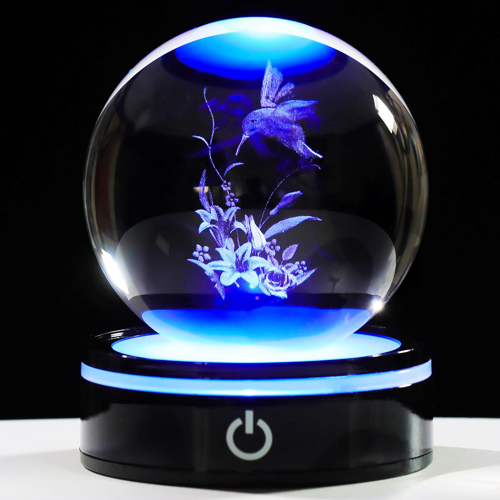 YWHL 3D Hummingbird Figurine Crystal Ball with Light Base, Hummingbird Gifts for Women Men on Christmas Birthday, 3D Laser Engraved Hummingbird Ornament Glass Decorative Ball for Home Office (80mm)