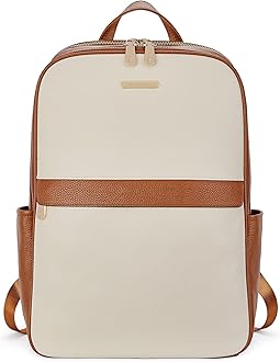 BOSTANTEN Genuine Leather 15.6 inch Laptop Backpack Purse for Women College Casual Backpack Travel Bag Daypack Beige-brown