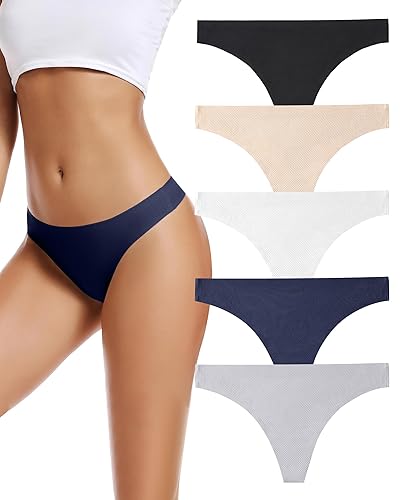 voenxe Seamless Women Underwear Thongs,No Show Ladies Thong,No Line Workout Breathable Comfortable Panties,Soft Undies,5-Pack