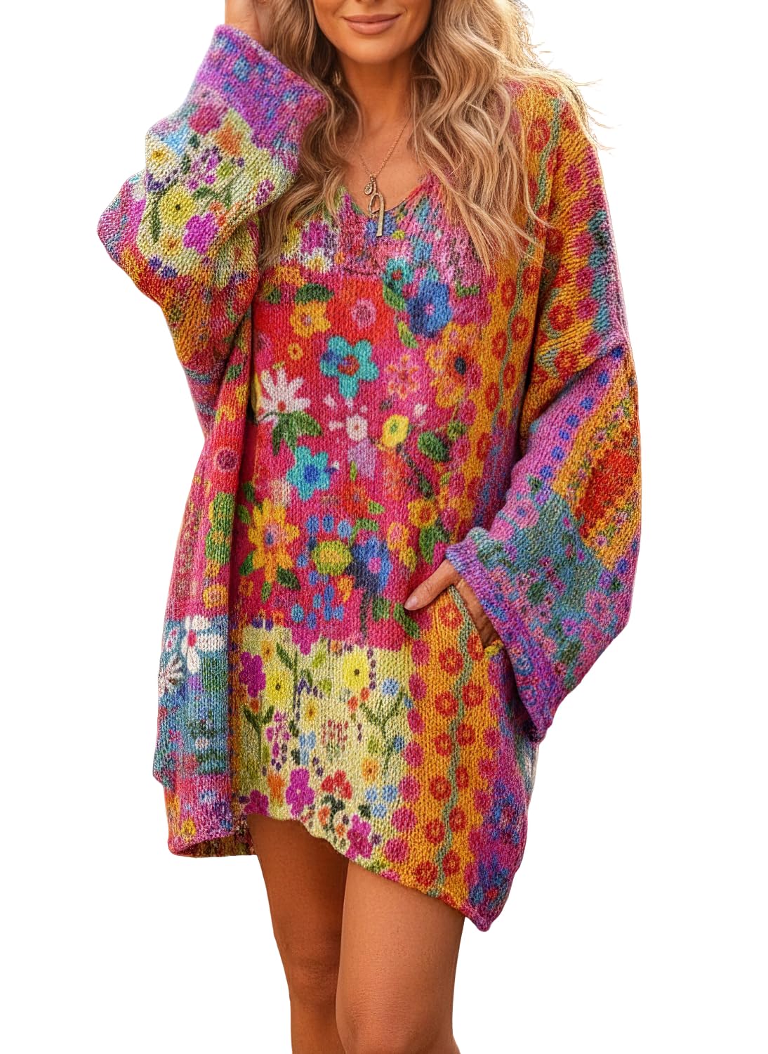 Womens Cute Graphic Print V-Neck Sweater Casual Fall Winter Oversized Long Sleeve Floral Printed Knit Pullover Tops